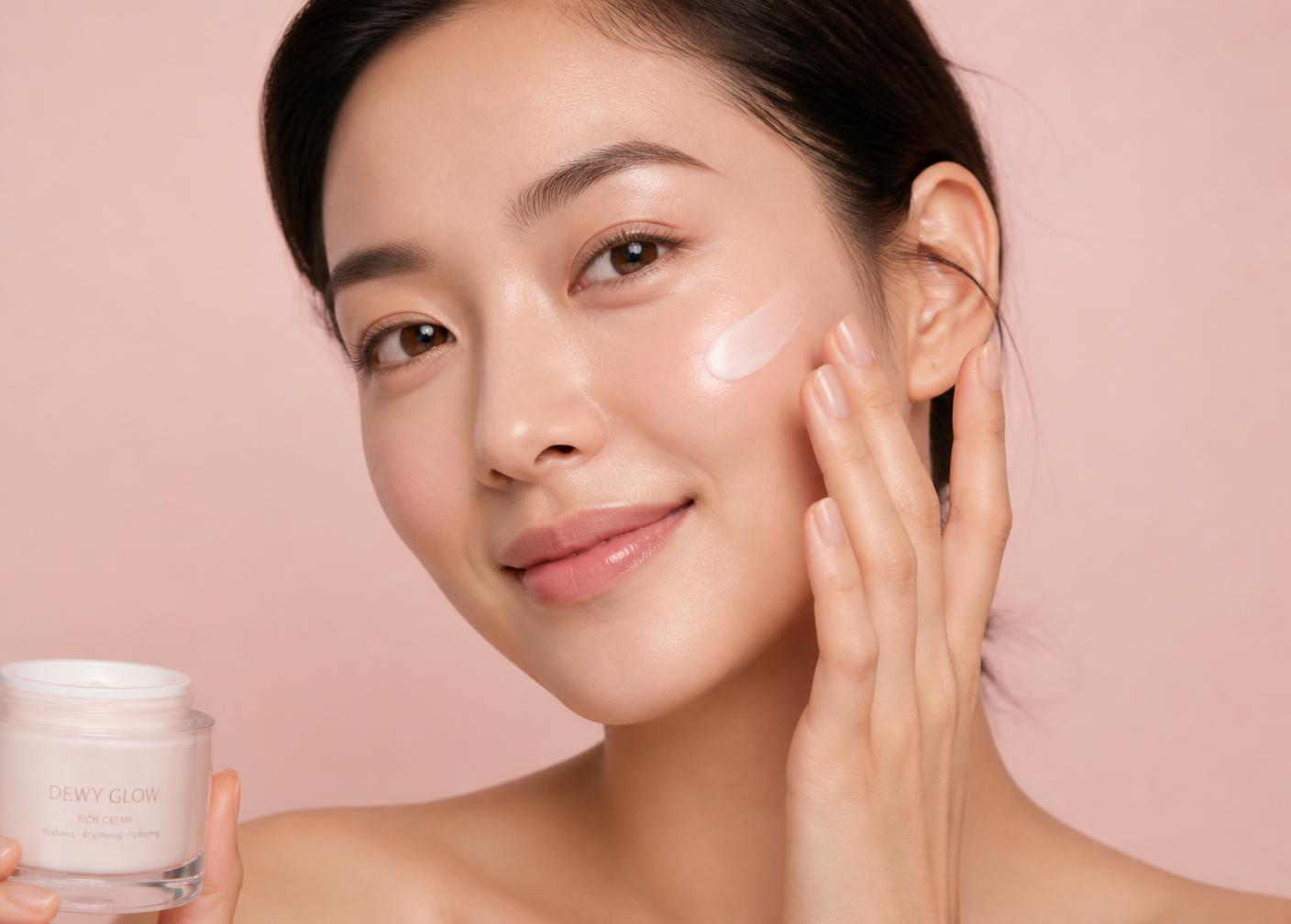 Model with glowing skin applying a rich face cream