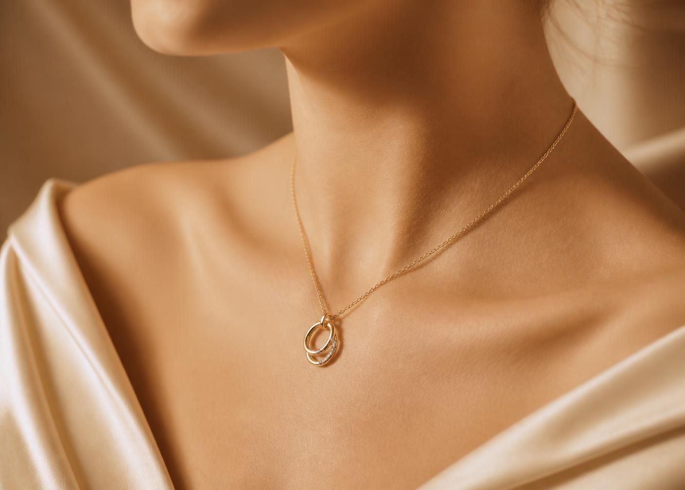 Fine gold pendant necklace worn against ivory silk